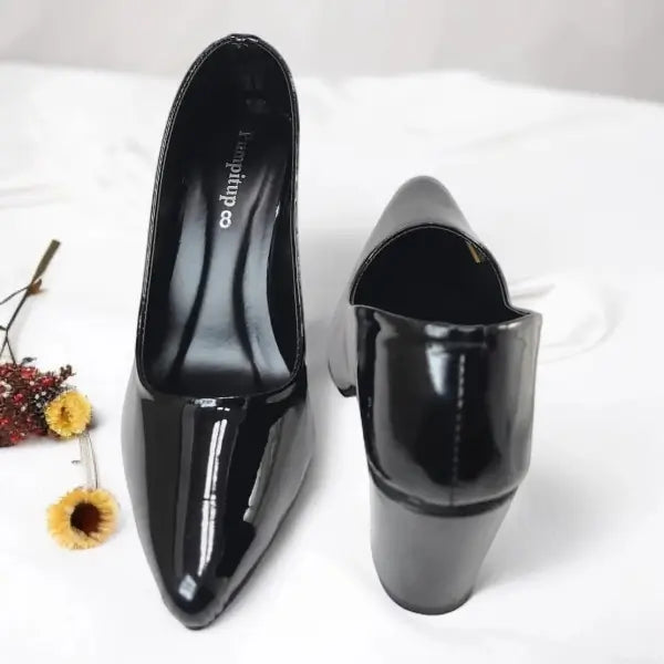 Black Comfy Court Shoe Block Heel PIU_172