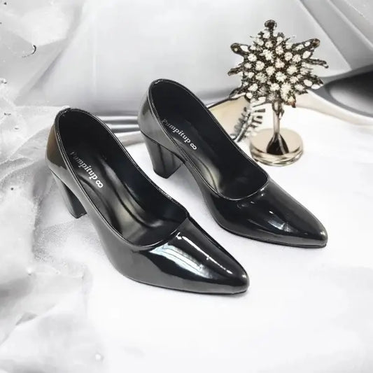 Black Comfy Court Shoe Block Heel PIU_172