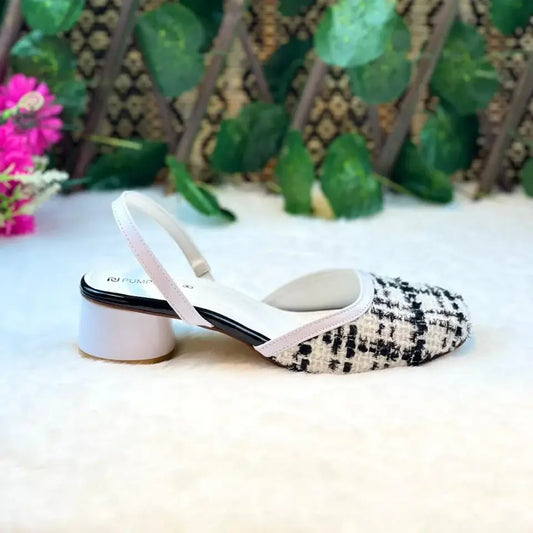 Ecru White Tweed Texture Slingback PIU_226 borí fabric block heel shoes PumpItUp.pk