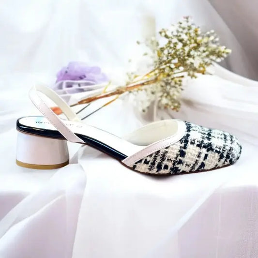 Ecru White Tweed Texture Slingback PIU_226 borí fabric block heel shoes PumpItUp.pk