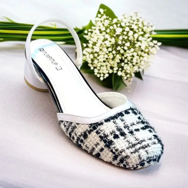 Ecru White Tweed Texture Slingback PIU_226 borí fabric block heel shoes PumpItUp.pk