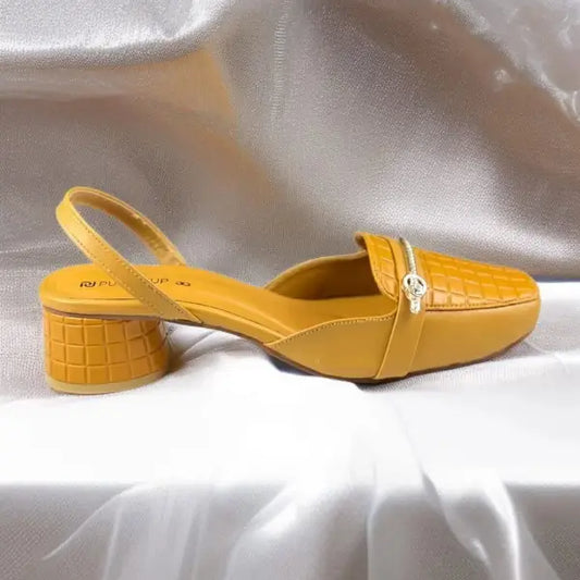 Mustard Waffle Charm Slingback PIU_220 textured block heel slingback shoes PumpItUp.pk