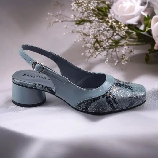 Slate Gray Python Power Slingback PIU_219 textured block heel slingback shoes PumpItUp.pk