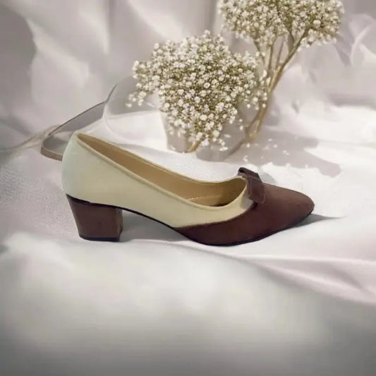 White & Brown Tie Block Heel Pump PIU_112