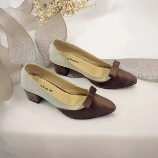 White & Brown Tie Block Heel Pump PIU_112