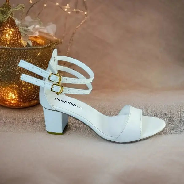 White Double Straps Block Heel Sandal PIU_163