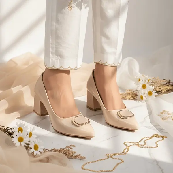 Comfortable heels for Eid visiting Pakistan — nude glossy block heel PumpItUp PIU_239