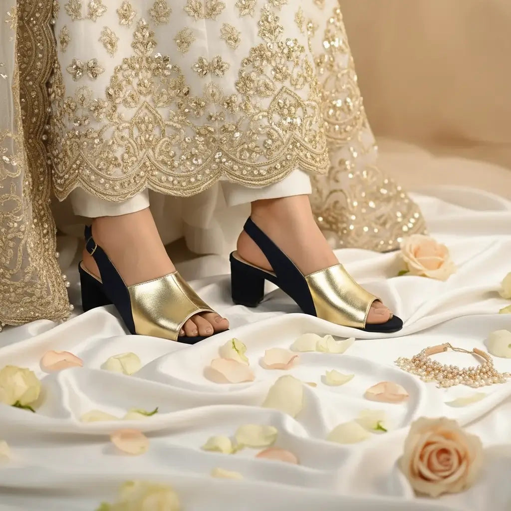 bridal shoes Pakistan — gold slingback block heels for nikah baraat valima