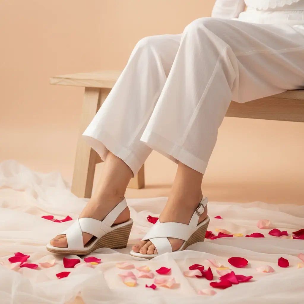 White cross strap wedge sandals for women Pakistan — PumpItUp PIU_277