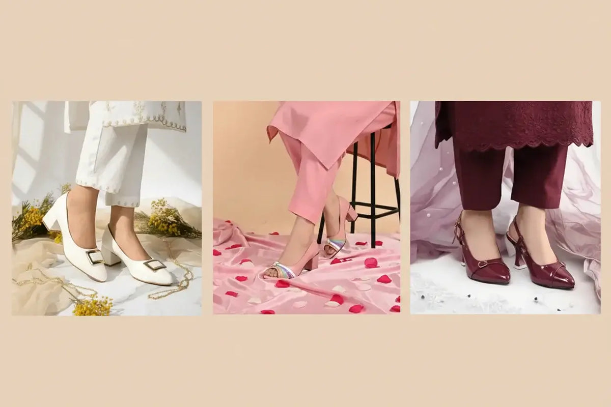 White, pink and maroon block heels by PumpItUp Pakistan — heel height guide