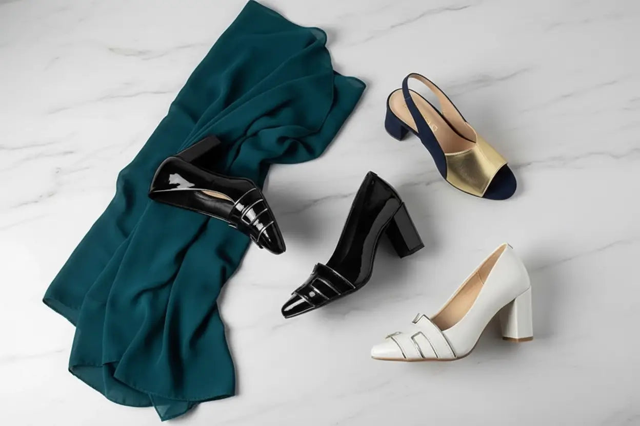block heel pump court shoe slingback styled with hijab modest wear Pakistan PumpItUp