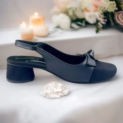 BB Bow Legacy Slingback PIU_217 – Matte and Jet Black block heel shoes by PumpItUp.pk