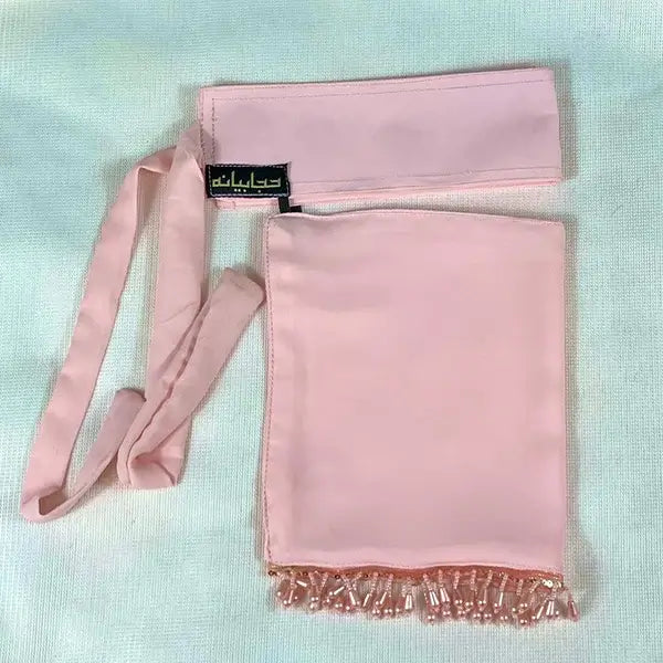 Baby Pink Saudi Niqab With Beads HB-50 – Elegant Hand-Beaded Double Georgette Niqab by Hijabiyana by pumpitup.pk