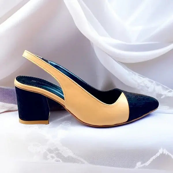Beige & Black Charm Slingback PIU_228 ladies block heel shoes PumpItUp.pk