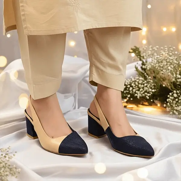 Beige & Black Charm Slingback Block Heel PIU_228 Sofa & Fabric ladies shoes PumpItUp.pk