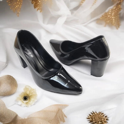 Black Comfy Court Shoe Block Heel PIU_172