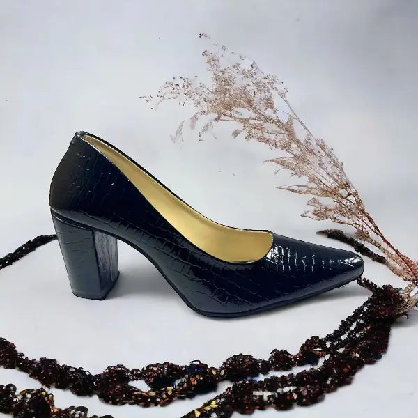 Black Crocodile Block Heel Pump PIU_141