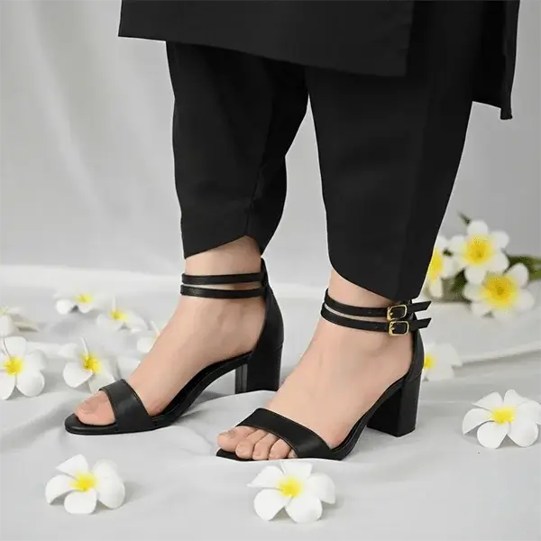 Black Double Straps Block Heel Sandal PIU_162 Sofa Rexine ladies shoes PumpItUp.pk