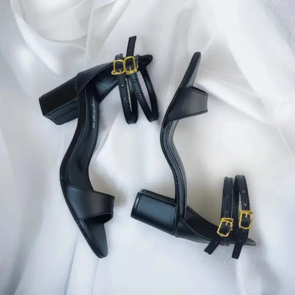 Black Double Straps Block Heel Sandal PIU_162