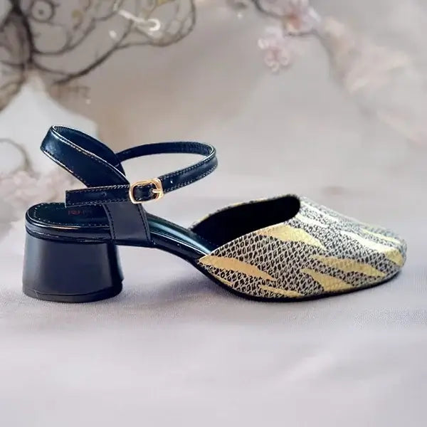 Black & Gold Dusk Heels PIU_230 sofa rexine block heel shoes PumpItUp.pk