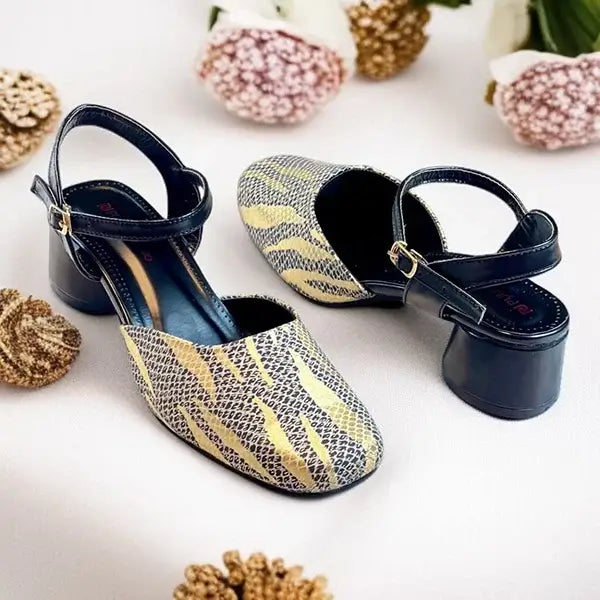Black & Gold Dusk Heels PIU_230 sofa rexine block heel shoes PumpItUp.pk