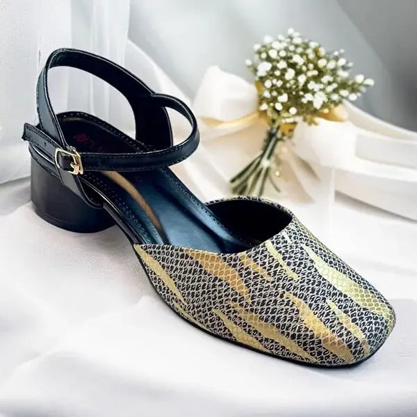 Black & Gold Dusk Heels PIU_230 sofa rexine block heel shoes PumpItUp.pk