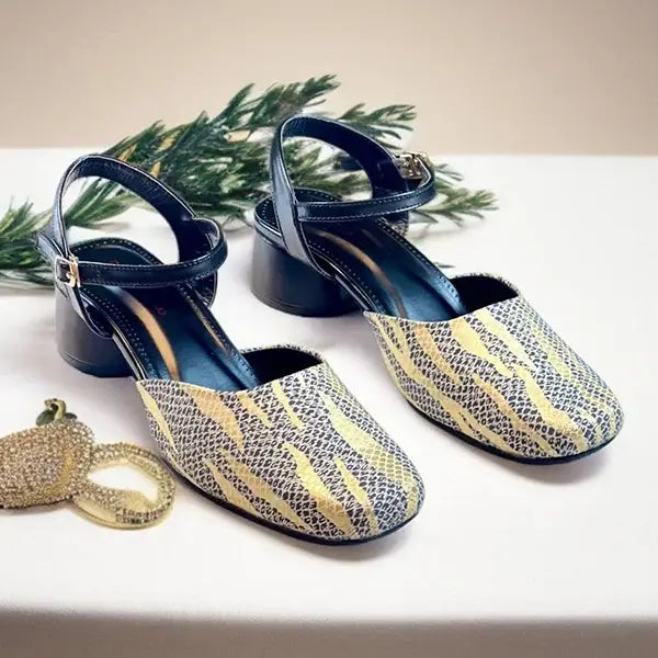 Black & Gold Dusk Heels PIU_230 sofa rexine block heel shoes PumpItUp.pk