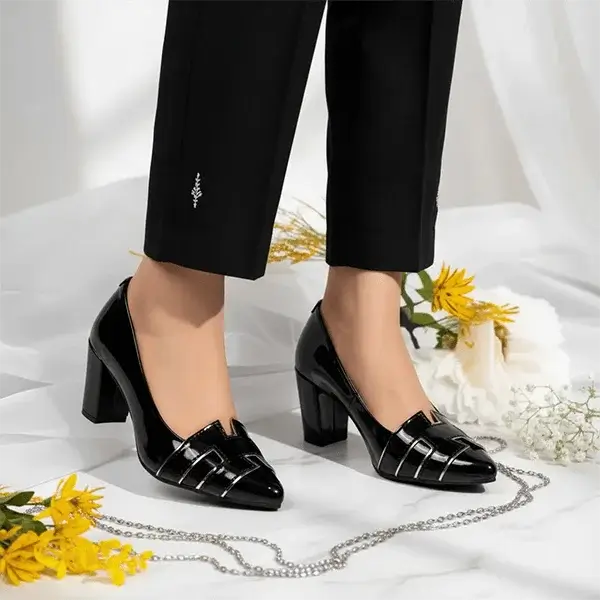 Black H Block Heel Court Shoe PIU_64 patent rexine ladies shoes PumpItUp.pk