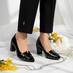 Black H Block Heel Court Shoe PIU_64 patent rexine ladies shoes PumpItUp.pk