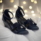Black Leather Rexine 
 H Wedge Block Heel Sandals 1.5 Inch - PIU_280