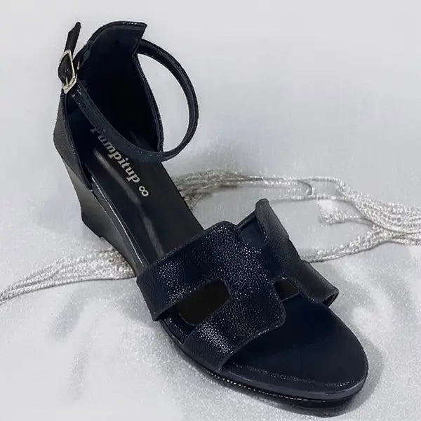 Black Leather Rexine 
 H Wedge Block Heel Sandals 1.5 Inch - PIU_280