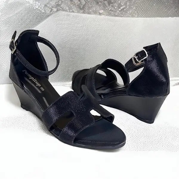 Black Leather Rexine 
 H Wedge Block Heel Sandals 1.5 Inch - PIU_280
