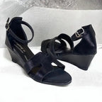 Black Leather Rexine 
 H Wedge Block Heel Sandals 1.5 Inch - PIU_280
