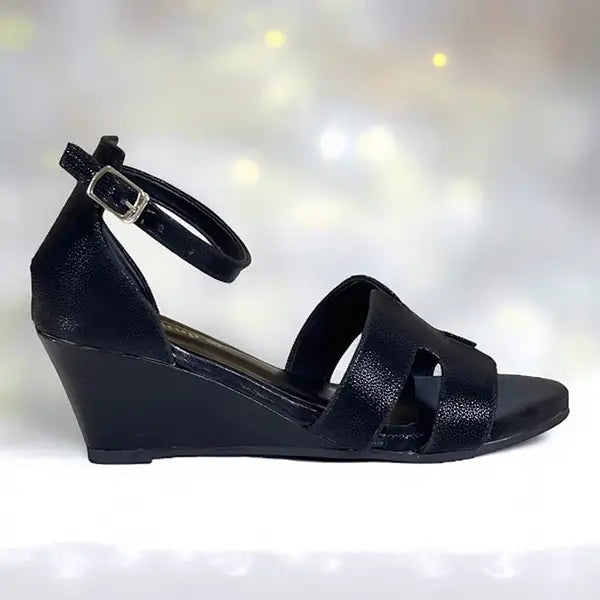 Black Leather Rexine 
 H Wedge Block Heel Sandals 1.5 Inch - PIU_280
