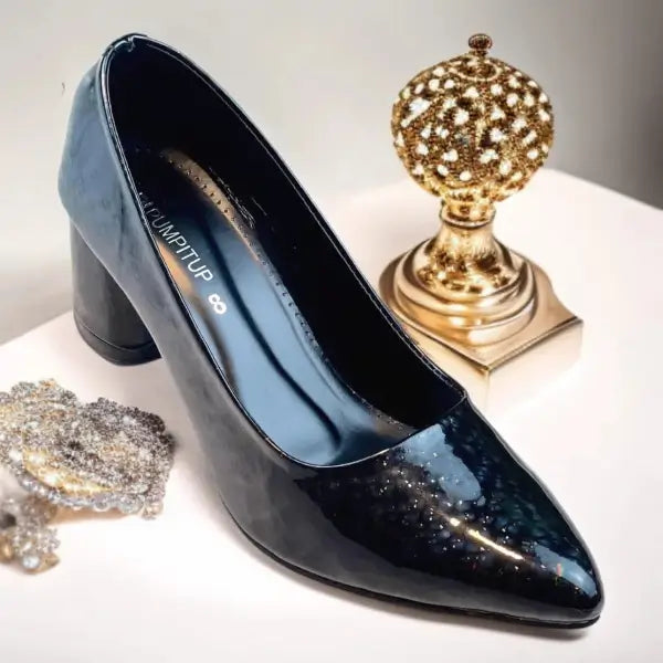Black Midnight Gloss Block Heels PIU_232 dot patent rexine shoes PumpItUp.pk