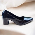 Black Midnight Gloss Block Heels PIU_232 dot patent rexine shoes PumpItUp.pk