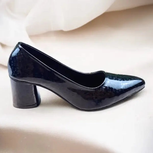 Black Midnight Gloss Block Heels PIU_232 dot patent rexine shoes PumpItUp.pk