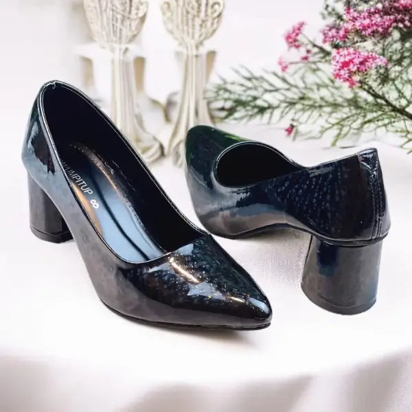 Black Midnight Gloss Block Heels PIU_232 dot patent rexine shoes PumpItUp.pk