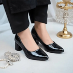 Black Midnight Gloss Block Heels PIU_232 Dot Patent Rexine ladies shoes PumpItUp.pk