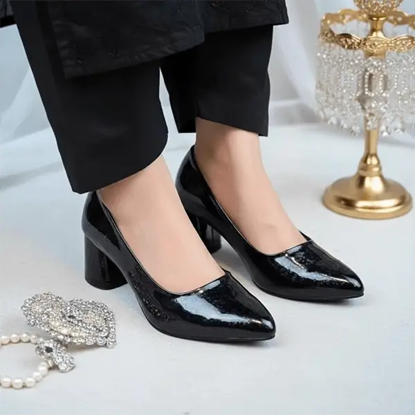 Black Midnight Gloss Block Heels PIU_232 Dot Patent Rexine ladies shoes PumpItUp.pk