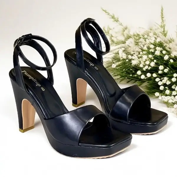 Black platform wedge heel sandal for women, 4 inch heel, PumpItUp Pakistan