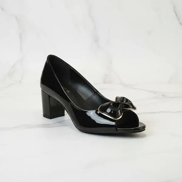 Women's Black Block Heel Peep Toe Shoes in Pakistan – Patent Rexine – PIU_275
