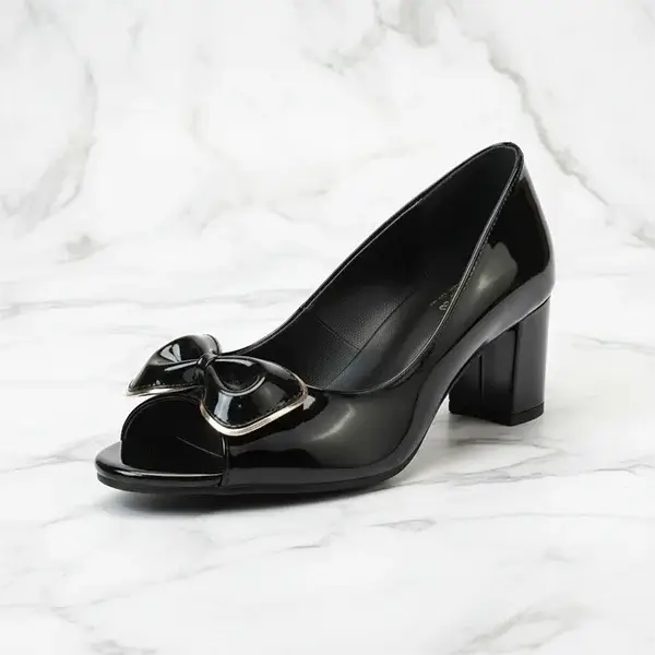 Black Peep Toe Block Heel Pump with Patent Rexine Upper – PIU_275 by PumpItUp