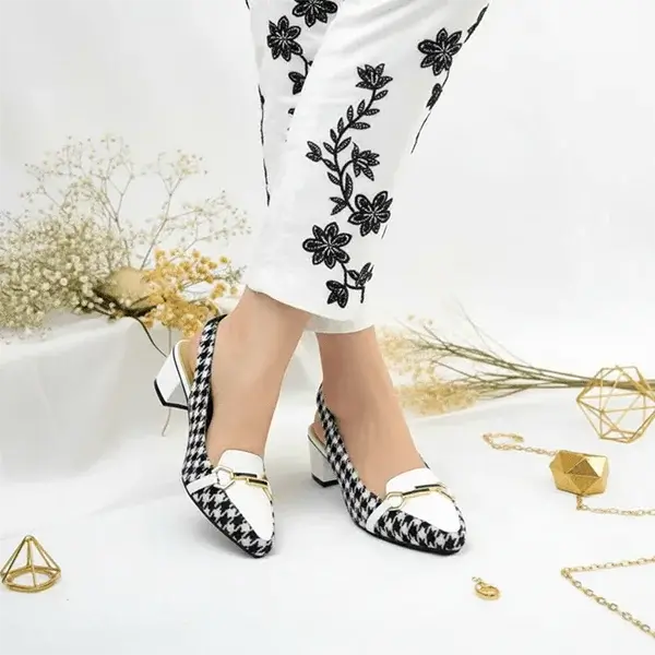 Black & White Sling Back Block Heel Sandal PIU_182 Amarah Fabric Rexine ladies shoes PumpItUp.pk