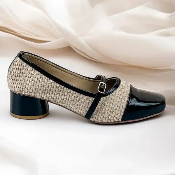 Black Woven Retro Block Heel PIU_245 patent Amarah rexine ladies shoes PumpItUp.pk