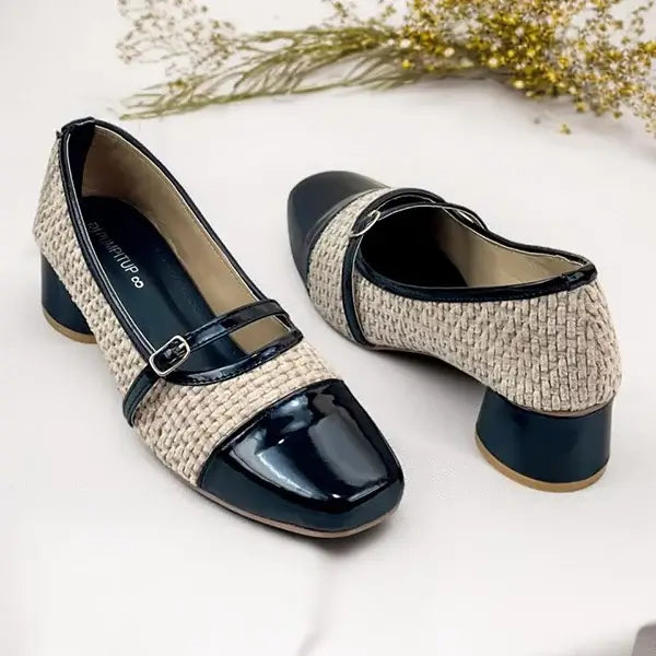 Black Woven Retro Block Heel PIU_245 patent Amarah rexine ladies shoes PumpItUp.pk