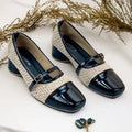 Black Woven Retro Block Heel PIU_245 patent Amarah rexine ladies shoes PumpItUp.pk