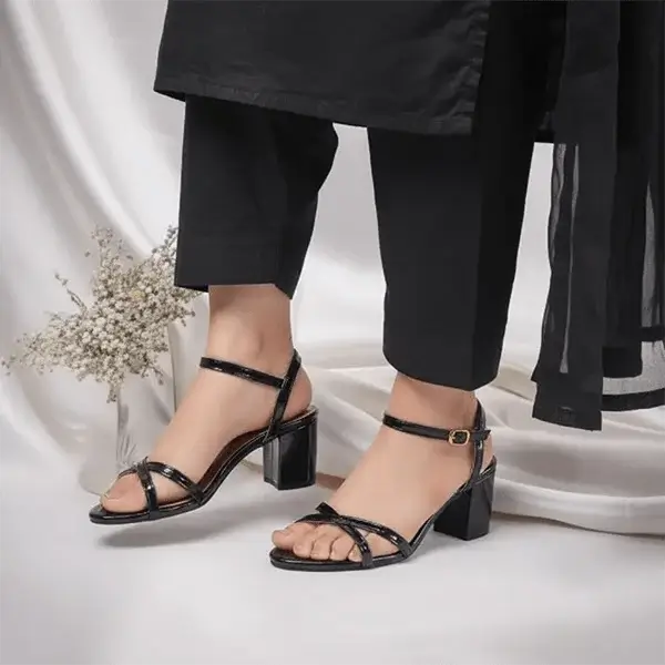 Black X Block Heel Sandal PIU_177 patent rexine ladies shoes PumpItUp.pk