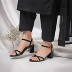 Black X Block Heel Sandal PIU_177 patent rexine ladies shoes PumpItUp.pk