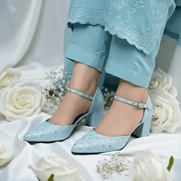 Blue Sparkle Block Heel Pump PIU_195 Fine Shiny Rexine ladies shoes PumpItUp.pk